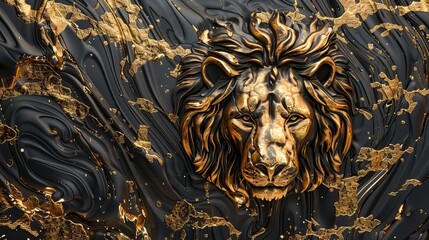 Lion 3D relief in golden splashes wallpaper. Golden lion head background mural. High quality AI generated image