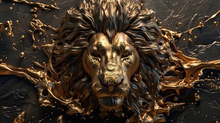 Lion 3D relief in golden splashes wallpaper. Golden lion head background mural. High quality AI generated image