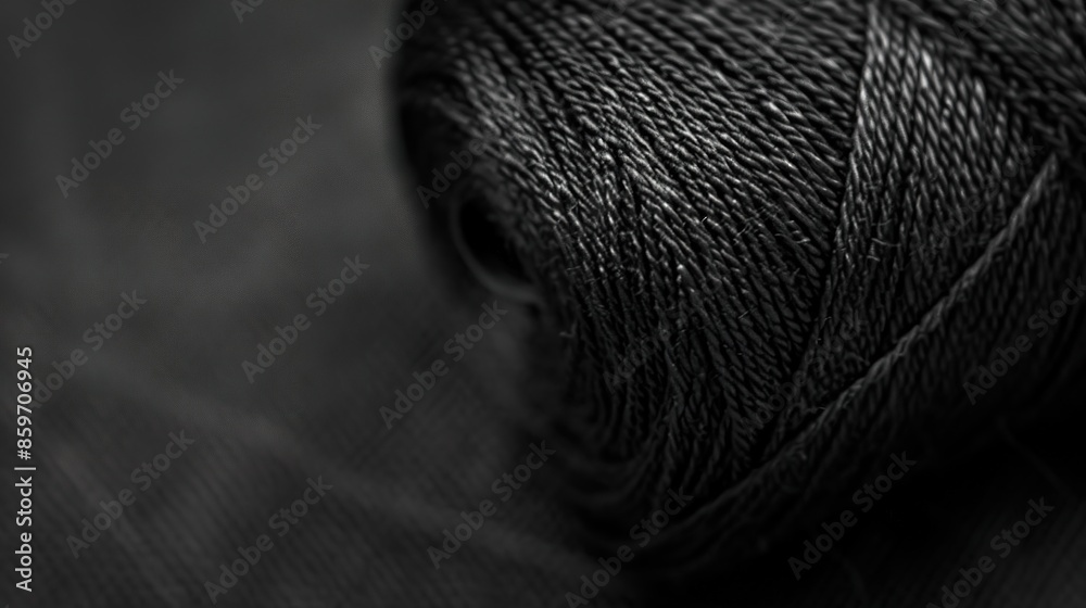 Wall mural Bright macro background of black color thread, clothing sewing material pattern, free space for information