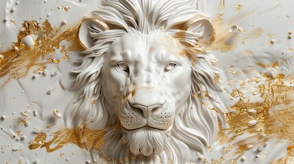 Lion 3D relief in golden splashes wallpaper. Golden lion head background mural. High quality AI generated image