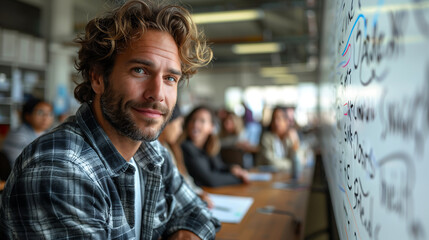 Portrait of a handsome man with curly hair and a beard sitting at a table in front of a whiteboard, with a group of people behind him drawing on the board during a business meeting.