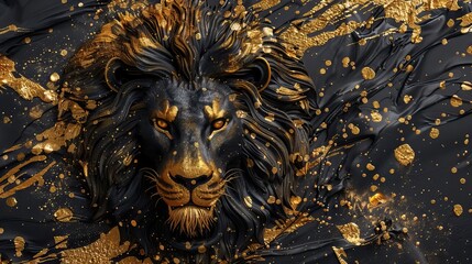 Lion 3D relief in golden splashes wallpaper. Golden lion head background mural. High quality AI generated image
