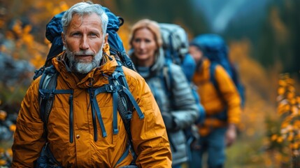 Obraz premium An experienced older man leading a group of hikers along a nature trail in a fall setting, symbolizing adventure, guidance, and connection to nature.