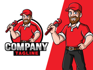 Plumber Cartoon holding wrench Mascot Logo for Your Business