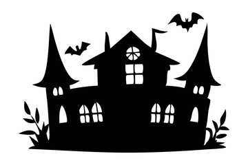Black silhouette of a haunted house isolated on a white background. Concept of Halloween, spooky mansion, gothic style, eerie building Print, design element, art illustration.