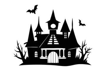 Black silhouette of haunted house with bats isolated on a white background. Concept of spooky decoration, haunted castle, minimalist style, spooky mansion, Halloween design