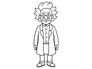 Obraz premium Cartoon outline of eccentric mad scientist character in lab coat isolated on white background. Concept of crazy professor, mad genius, Halloween character. Print, design element.