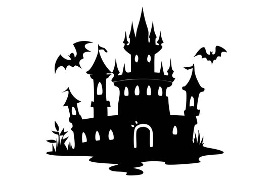 recommend clip art: Black silhouette of a haunted castle with bats isolated on a white background. Concept of spooky decoration, haunted house, minimalist style, Halloween design. Print, icon, art element.