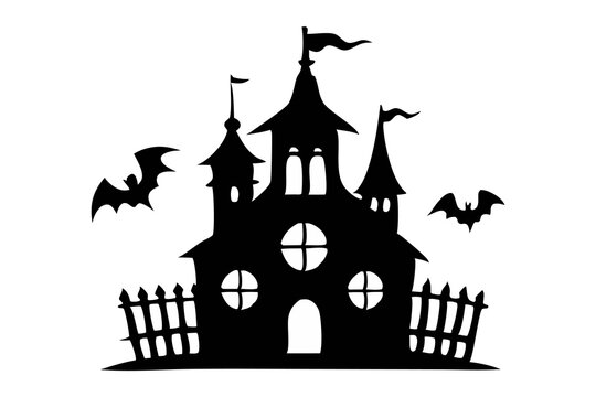 recommend clip art: Black silhouette of a haunted castle with bats isolated on a white background. Concept of spooky decoration, haunted house, minimalist style, Halloween design. Print, icon, art element.