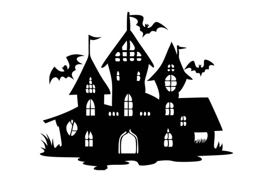 recommend clip art: Black silhouette of a haunted castle with bats isolated on a white background. Concept of spooky decoration, haunted house, minimalist style, Halloween design. Print, icon, art element.