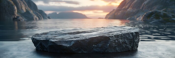 Empty black stone surface for product display montages with a mountain and sunset background
