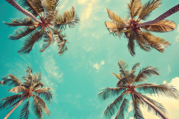 A beautiful blue sky with four palm trees in the foreground