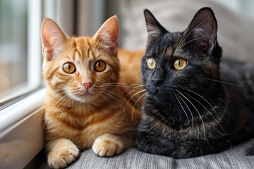 An endearing scene of two cats resting together by the window, one is brown and one is orange, basking in the sunlight with a comfortable and peaceful expression on their faces.