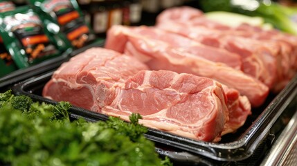 Fresh pork loin on display in store