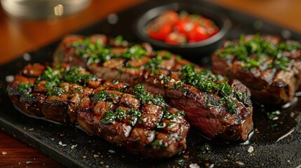Delicious grilled steaks topped with flavorful herb sauce, served alongside fresh tomatoes. The presentation emphasizes the succulence and perfect cooking of the meat.