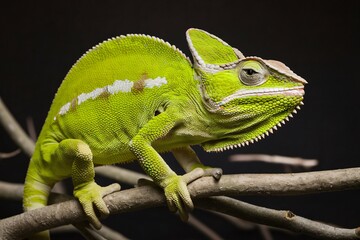 Obraz premium A bright green chameleon is perched on a branch. The chameleon has its mouth closed and its eyes are open.