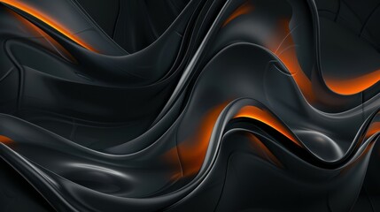 Black Metallic Waves with Orange Accents: Futuristic Abstract Design, Modern Fluid Art, Vibrant Dynamic Composition, Flowing Metallic Patterns, Sleek and Elegant Waves, Orange Highlights