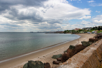 View from the Fishing port of Ravda under dark cloudy sky, Nesebar municipality, Burgas Province,...