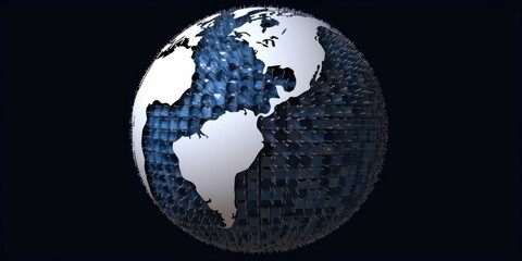 Glowing digital globe with network connectivity lines. Blue glowing globe with white continent with black background. Conceptual image for global communication networking system and technology. AIG35.