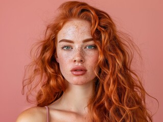 red-haired young woman with natural makeup, perfectly voluminous hair, facing the camera directly in a front view, in an upper body portrait, chest skin visible.