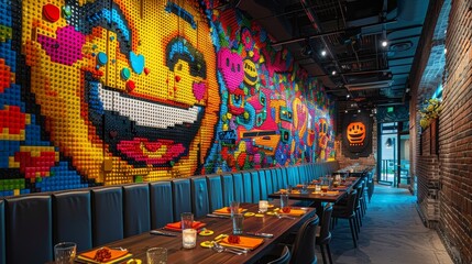 Obraz premium Colorful Street Art Celebrating Love: Unique Lego-Style Dining Experiences for Couples