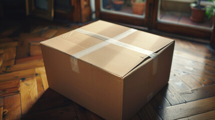 A large cardboard box sits taped up on a wooden floor near a window with plants outside. Light comes through the glass, illuminating the box.
