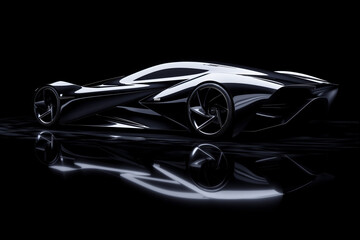 sports car, A sleek and modern car, created with AI-generated art, is set against a striking black background. The car's design is futuristic and aerodynamic, with sharp lines and a glossy finish