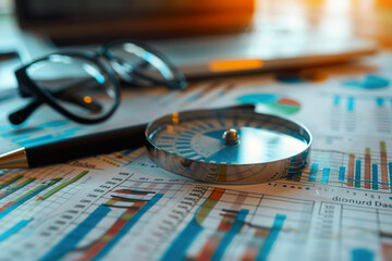 A magnifying glass is on top of a stack of papers with graphs and numbers