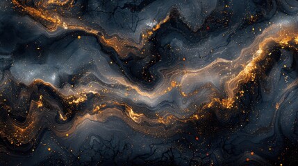Fototapeta premium A captivating abstract image featuring flowing black and gold marble patterns adorned with intricate specks of light, creating a cosmic and luxurious visual impact.