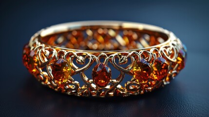 A detailed photograph of an exquisite gold bracelet adorned with amber gemstones. The intricate design and warm, rich colors convey a sense of luxury and sophistication.