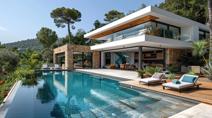 Fototapeta premium A modern luxury villa featuring a spacious pool, stunning architectural design, and scenic surroundings, perfect for a relaxing lifestyle in a serene environment.