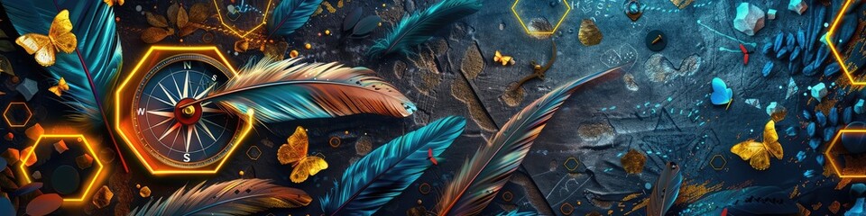 Vibrant panoramic artwork featuring bird feathers, neon hexagons, and nostalgic elements.