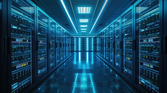 A parallel row of servers, adorned in electric blue, fills a technology-driven data center hallway with a symmetrical display of power and Azure technology. AIG41