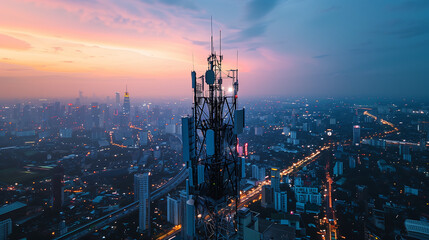 Aerial view of an electric cell tower in the cityscape at dusk, showcasing its tall structure against the backdrop of illuminated buildings and street lights.