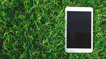 Tablet on green grass with room for text