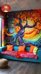 Cozy and Inviting Student Living Spaces: Vibrant Graffiti Art with Realistic Effects and Natural Lighting