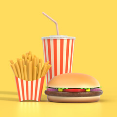 Fast food set on yellow background with shadow. Hamburger, french fries and cola in generic package with stripes. Graphic design element for restaurant advertisement, menu or poster. 3D illustration