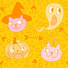 Halloween animals seamless cats and pumpkins pattern for wrapping paper