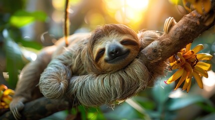 Fototapeta premium A sleepy sloth hanging upside down from a tree branch, its eyes barely open, as it dreams of a world where it doesn't have to move.