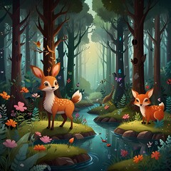 Obraz premium illustration deers in the middle of a jungle forest