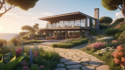 Fototapeta premium Beautiful villa with a soothing garden by the sea