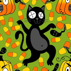 Halloween animals seamless cats and pumpkins pattern for wrapping paper