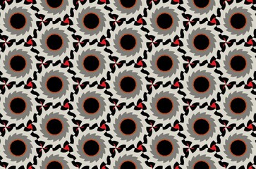 A pattern of circles and squares in black and white with a red border