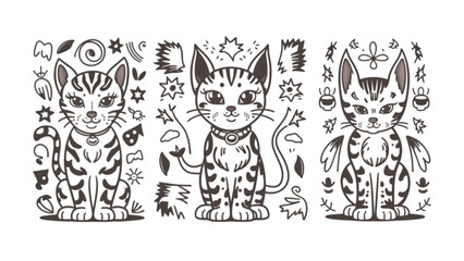 Grunge Kitten Cat Vector Set - Collection of 3 Artistic, Hand-Drawn Feline Illustrations in Grunge Style