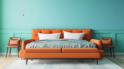 A pastel orange sofa alongside a king-size bed against a turquoise wall, offering a playful yet...