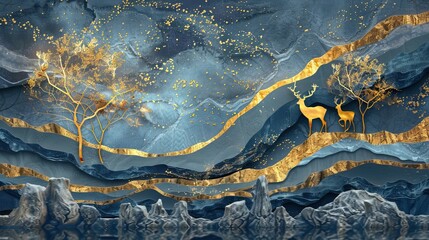 Fototapeta premium Majestic Blue and Gold Abstract Nature Scene. Mural or wallpaper background. High quality AI generated image