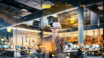 Woman taking up circle finance data dynamic world monitor by VR future global market interface digital infographic network technology virtual hologram animation at orange modern office. Contraption.