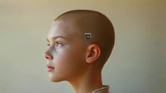 young male child wearing brain microchip implant innovative technology on his head Generative AI