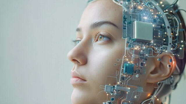 abstract female with brain chip implant and interface on head Generative AI