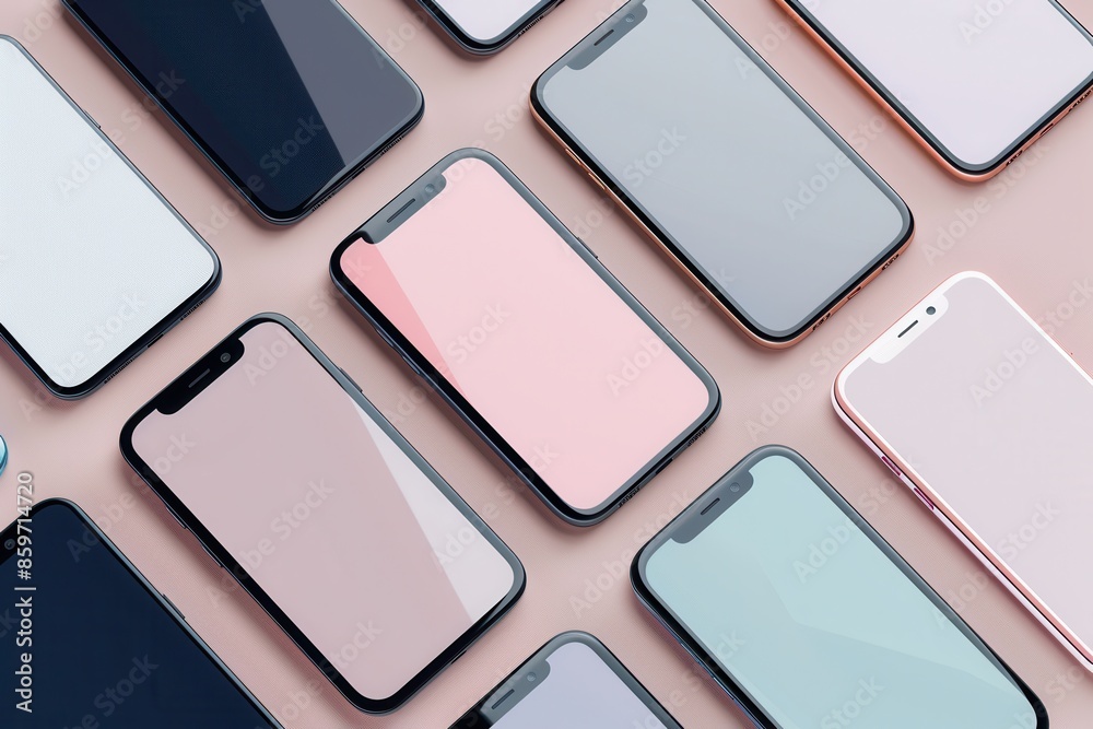 Fototapete A flat lay of several modern smartphones arranged in different angles on a pink surface. The smartphones are perfect for showcasing mobile technology and smartphone accessories. Generative AI